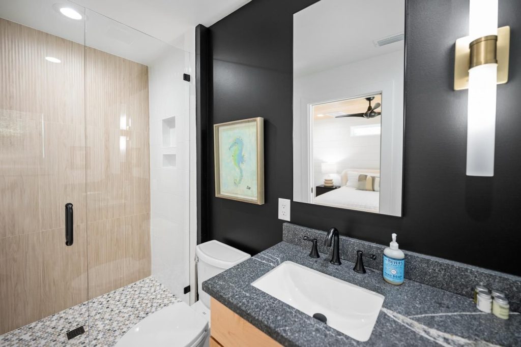 interior shot of modern bathroom with walk in shower